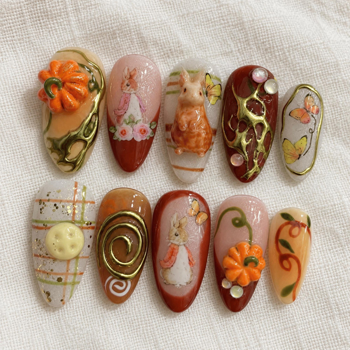 Pumpkin Bunny Thanksgiving Nails With Gold Swirls, Plaid and Butterflies