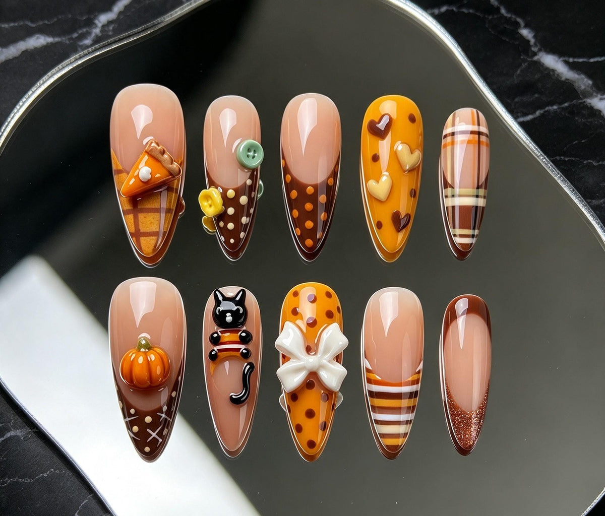 Pumpkin Cat Fall Press On Nails With Plaid, Hearts, and 3D Bow