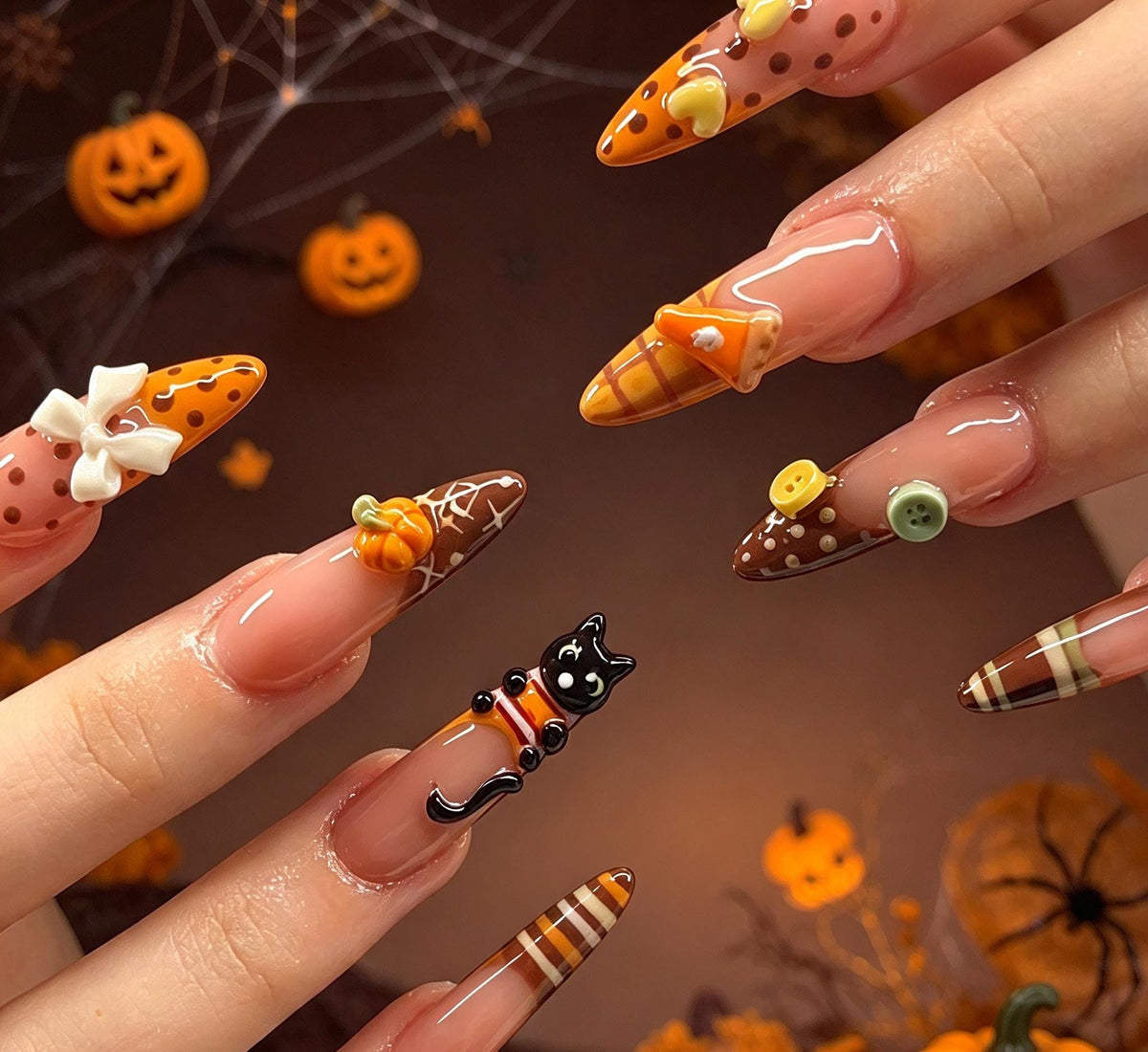 Pumpkin Cat Fall Press On Nails With Plaid, Hearts, and 3D Bow