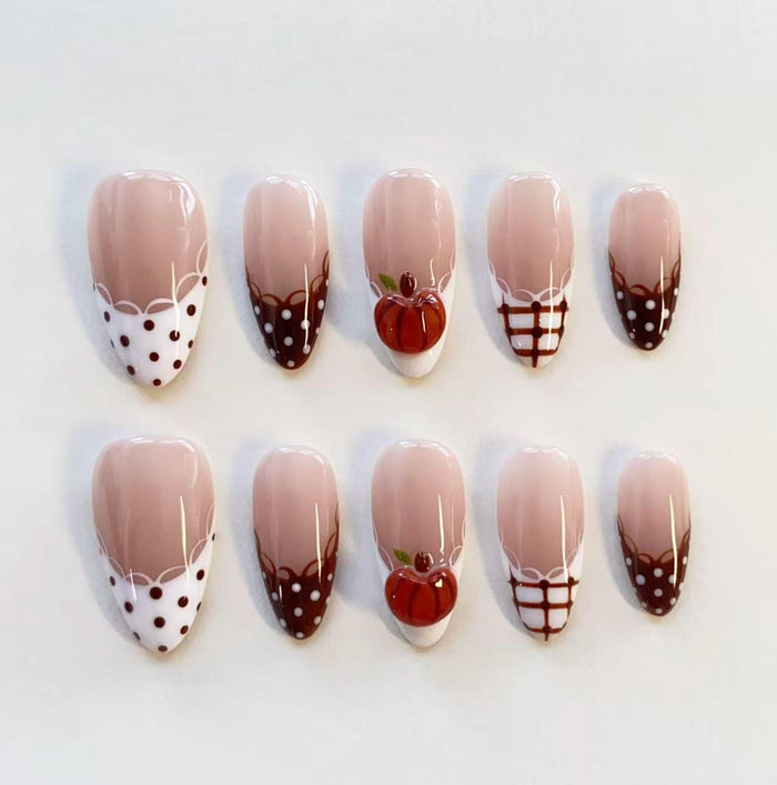 Pumpkin French Tip Press On Nails With Brown Polka Dots, Scalloped Lines and Plaid