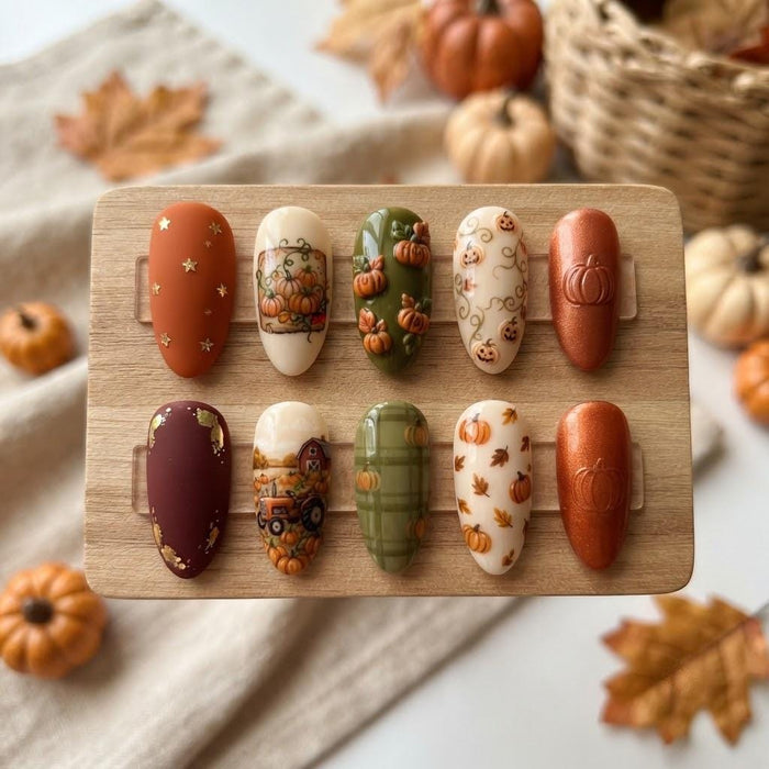 Pumpkin Harvest Fall Press On Nails With Plaid, Leaves, and Gold Stars