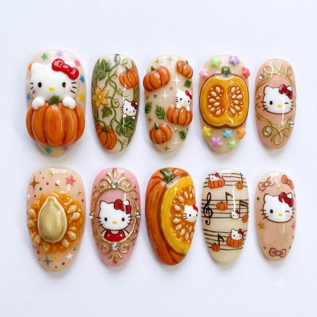 Pumpkin Patch Press On Nails with Raised Pumpkins and Gold Details