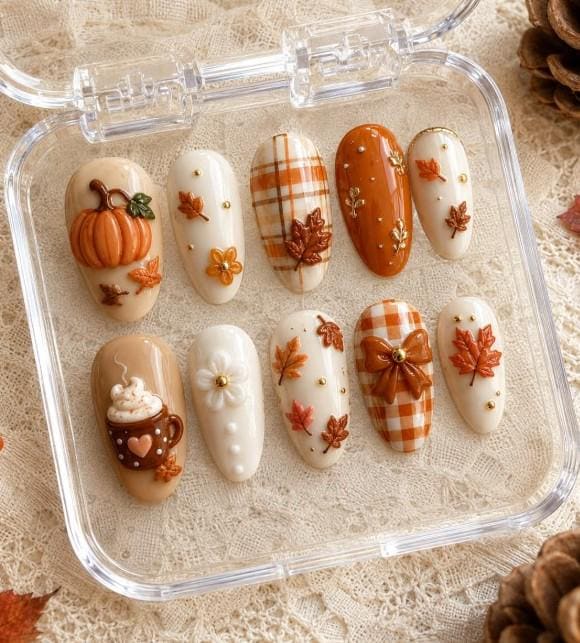 Pumpkin, Plaid, and Maple Leaf Autumn Nail Set