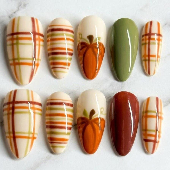 Pumpkin Plaid Fall Press On Nail Set in Cream, Rust, Mustard, and Olive