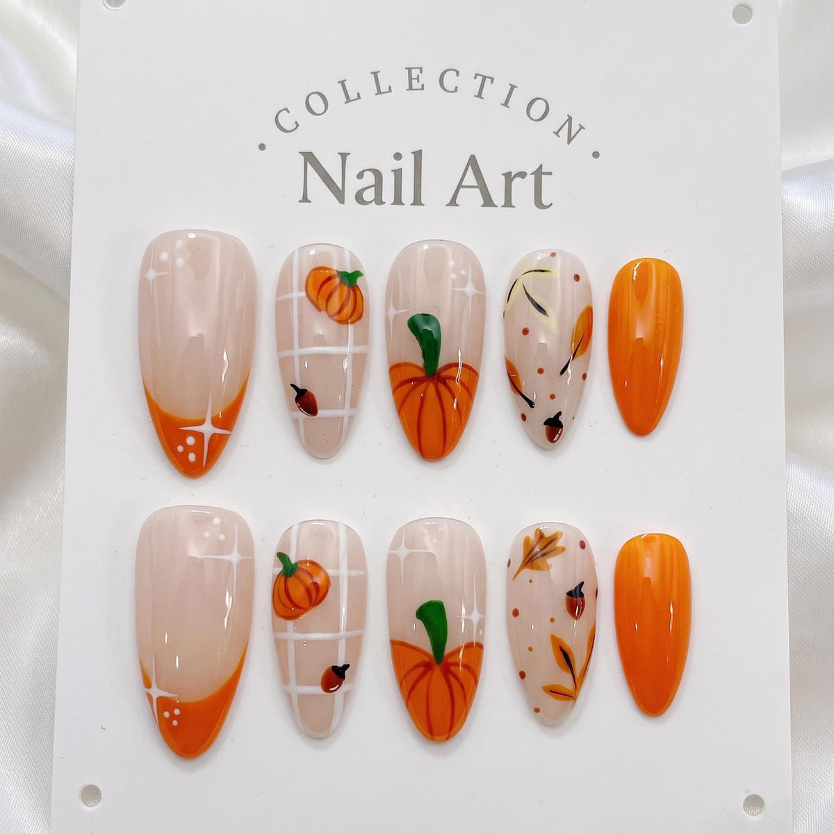 Pumpkin Plaid Fall Press On Nails With Orange French Tips