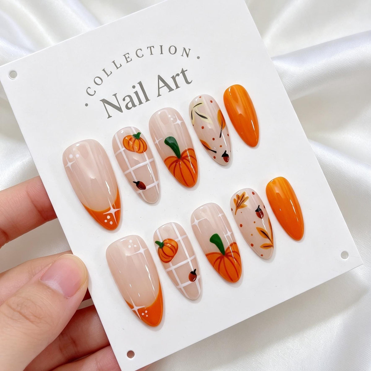 Pumpkin Plaid Fall Press On Nails With Orange French Tips