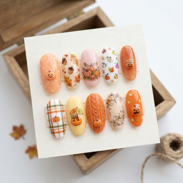 Pumpkin, Plaid & Floral Fall Press On Nails