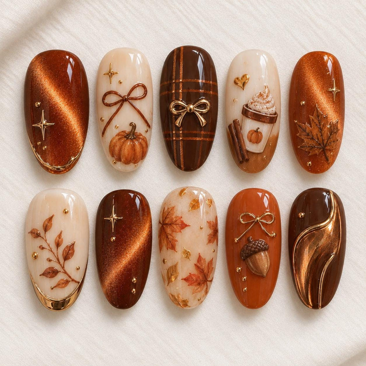Pumpkin Spice Autumn Nails With Brown Cat Eye, Plaid, Leaves, and Bows