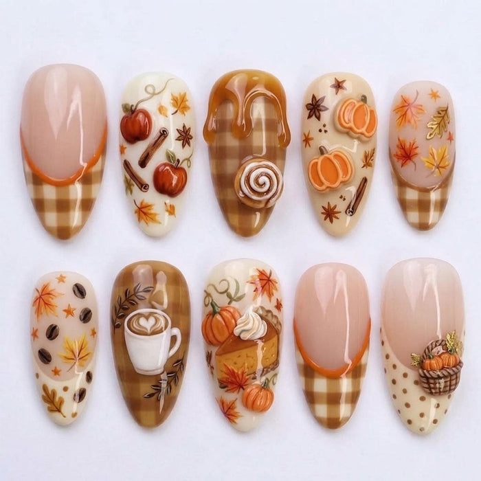 Pumpkin Spice Coffee and Plaid Fall Press On Nail Set