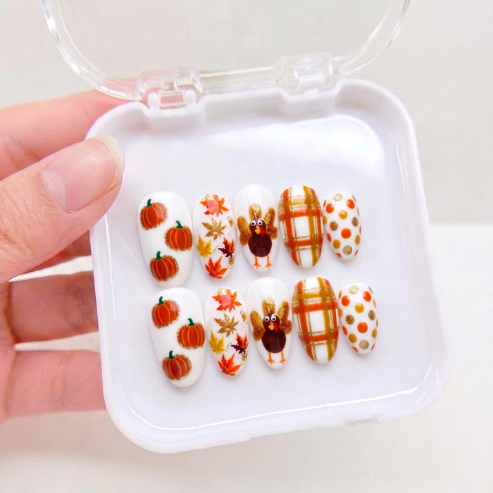 Pumpkin Turkey Thanksgiving Press On Nails With Fall Plaid and Leaf Designs
