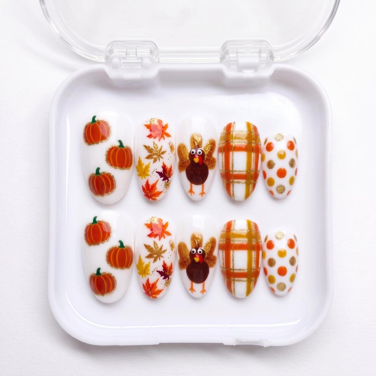 Pumpkin Turkey Thanksgiving Press On Nails With Fall Plaid and Leaf Designs