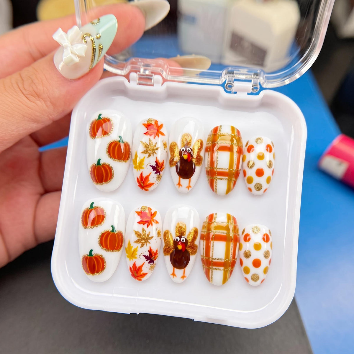 Pumpkin Turkey Thanksgiving Press On Nails With Fall Plaid and Leaf Designs