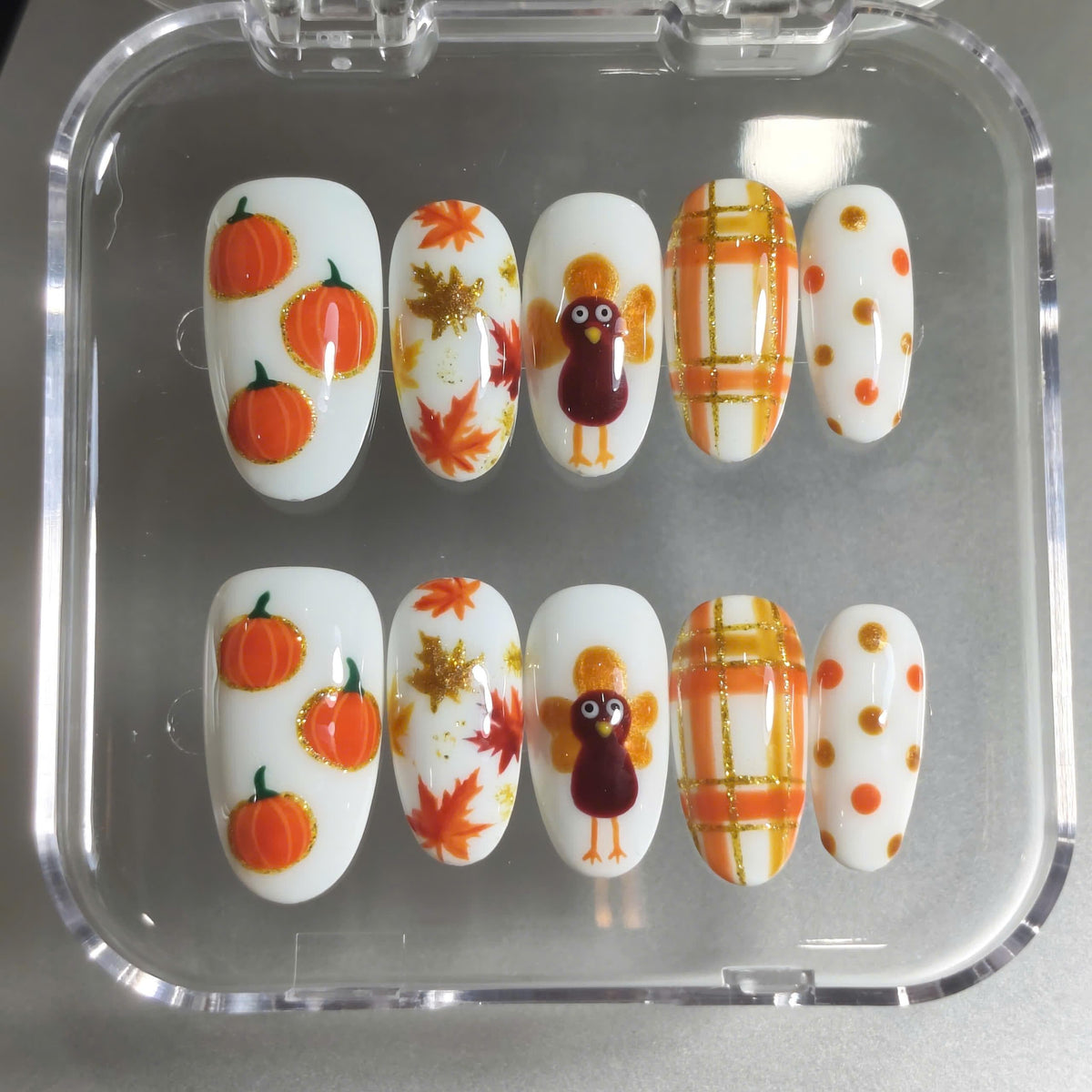 Pumpkin Turkey Thanksgiving Press On Nails With Fall Plaid and Leaf Designs