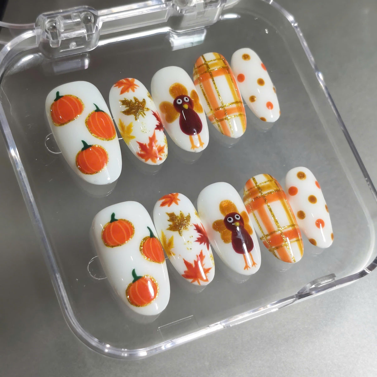 Pumpkin Turkey Thanksgiving Press On Nails With Fall Plaid and Leaf Designs