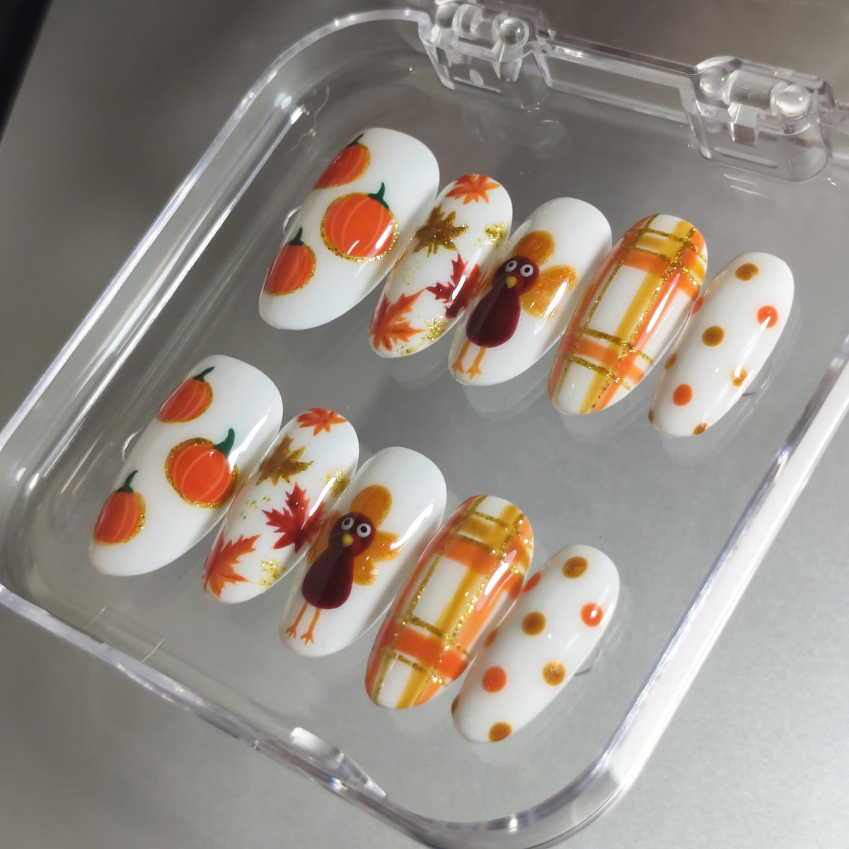 Pumpkin Turkey Thanksgiving Press On Nails With Fall Plaid and Leaf Designs