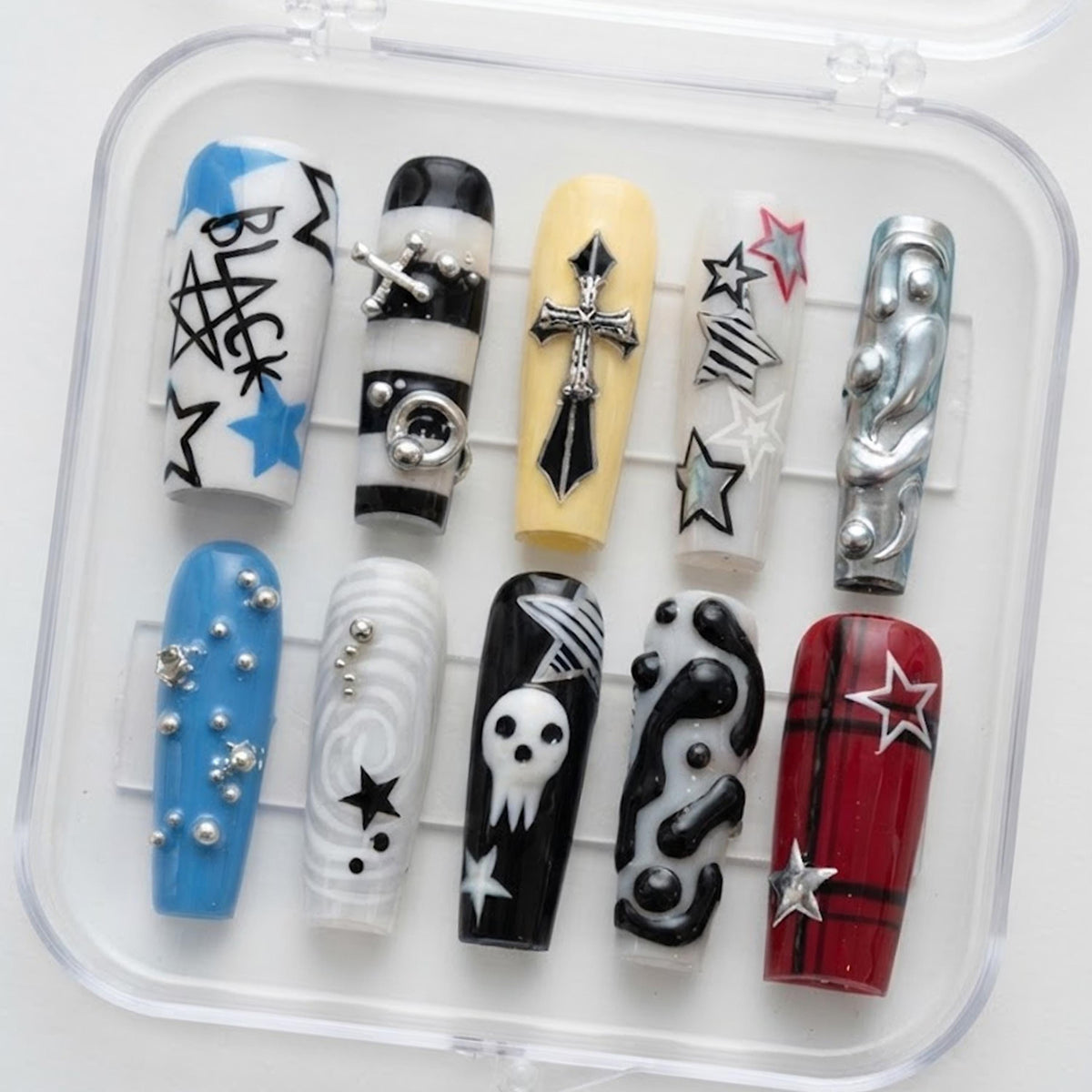 Punk Graffiti Nails with Stars, Gothic Cross, Skull and Red Plaid Accent