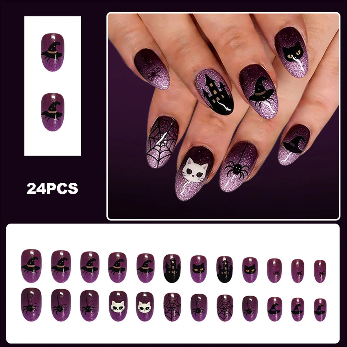 Purple and Black Glitter Halloween Nail Set with Bats, Cats and Spiderwebs