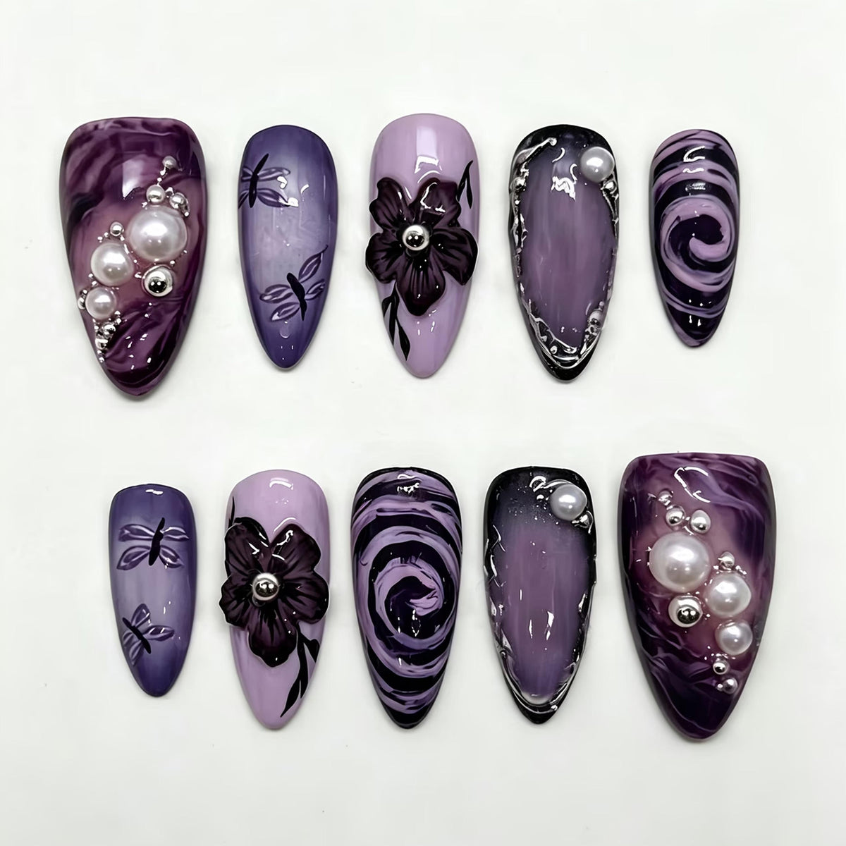 Purple and Black Gothic Floral Marble Press-On Nails With Pearl-Like Beads