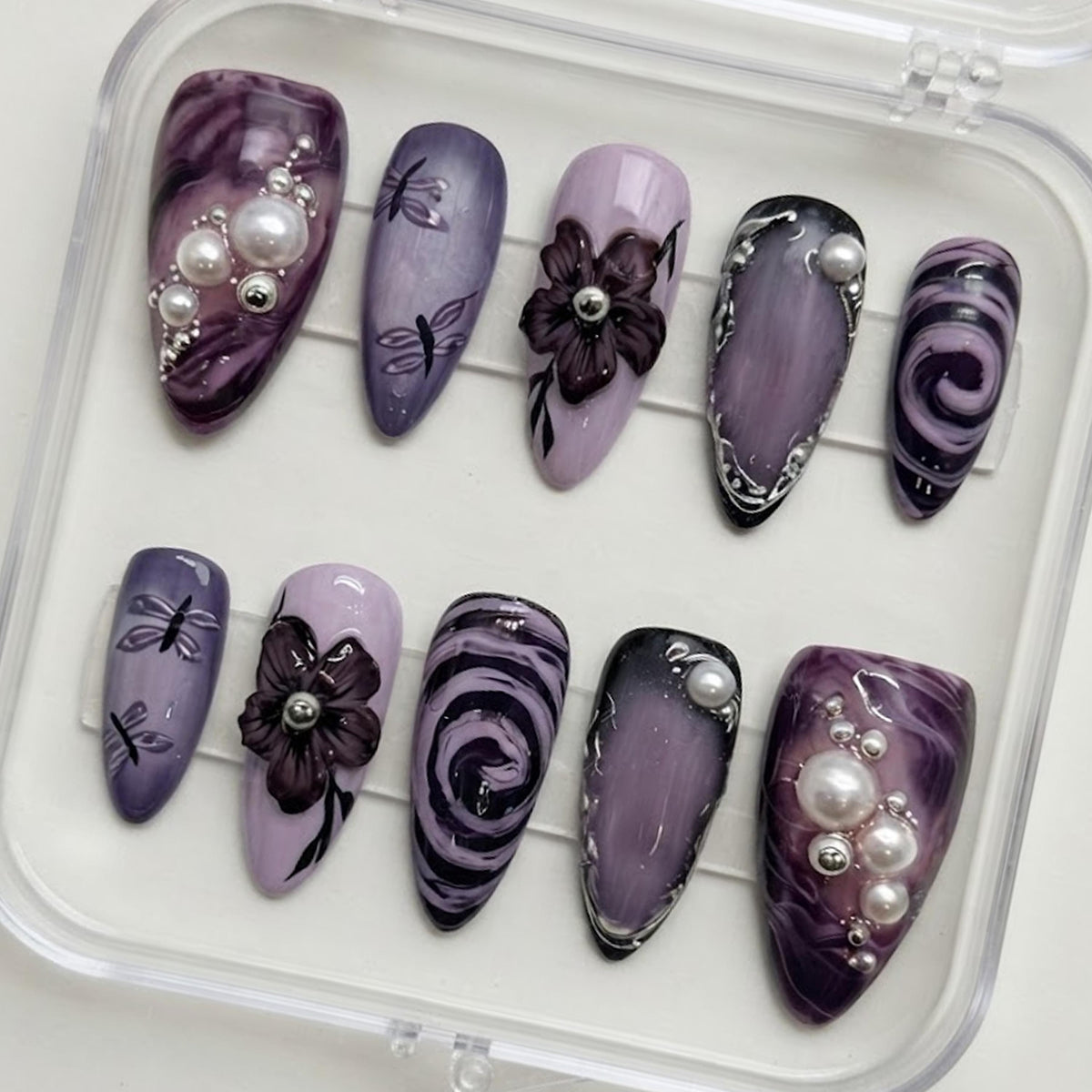 Purple and Black Gothic Floral Marble Press-On Nails With Pearl-Like Beads