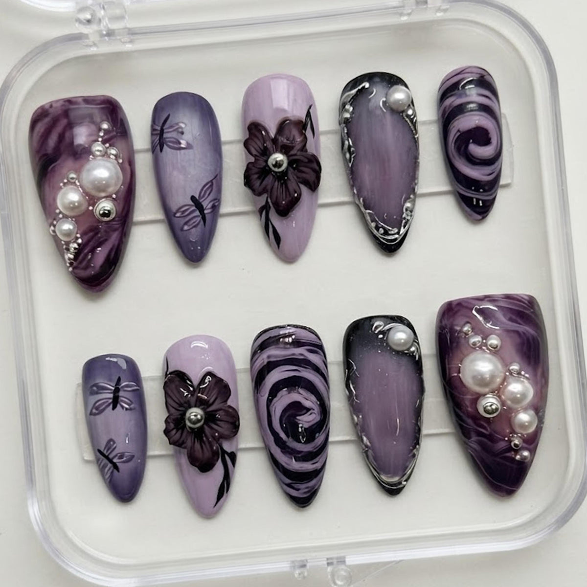 Purple and Black Gothic Floral Marble Press-On Nails With Pearl-Like Beads
