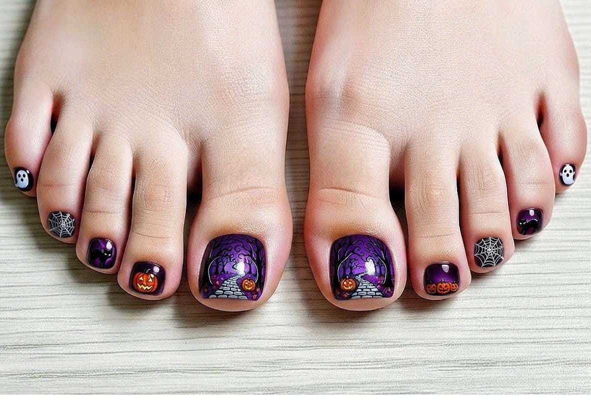 Purple and Black Halloween Press-On Toenails with Ghosts, Pumpkins, Bats and Spiderwebs