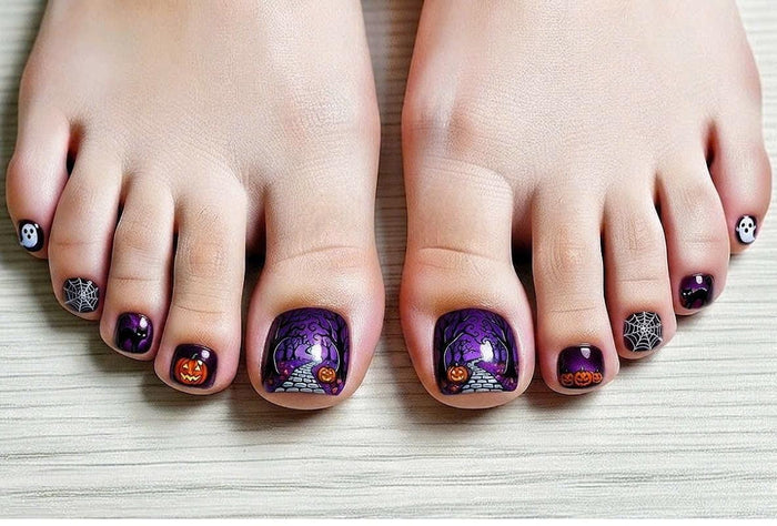 Purple and Black Halloween Press-On Toenails with Ghosts, Pumpkins, Bats and Spiderwebs