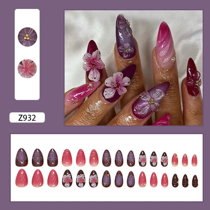Purple and Burgundy Floral Press-On Nails with 3D Flowers
