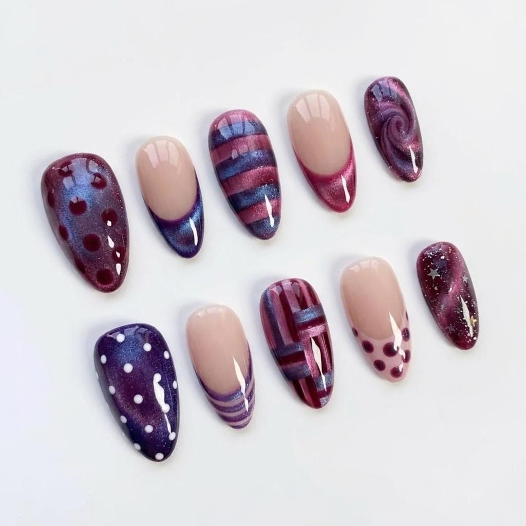 Purple and Burgundy Patterned Press On Nails With Glitter and Star Accents