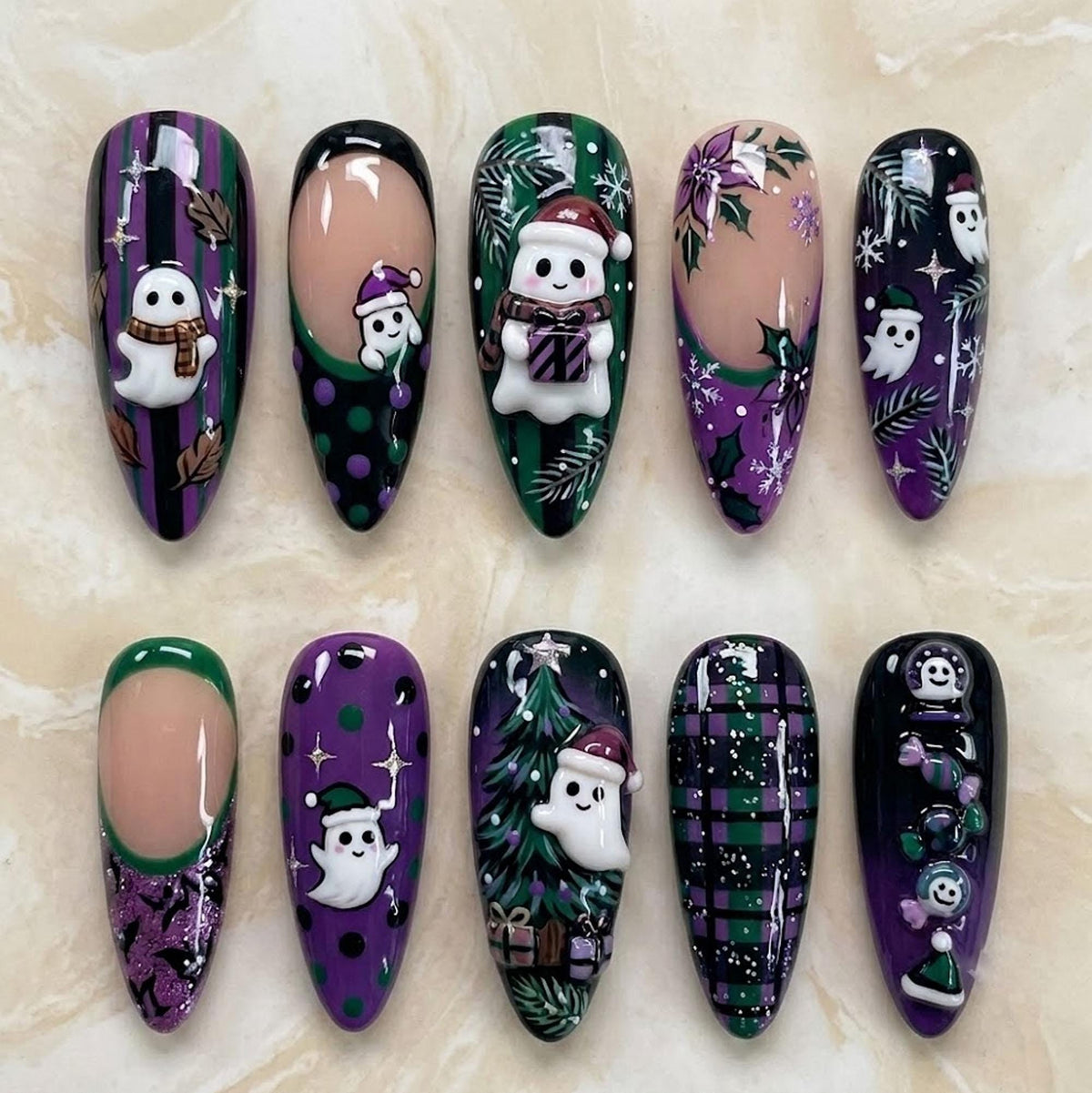 Purple and Green Christmas Nails with 3D Snowmen, Ghosts, and Plaid