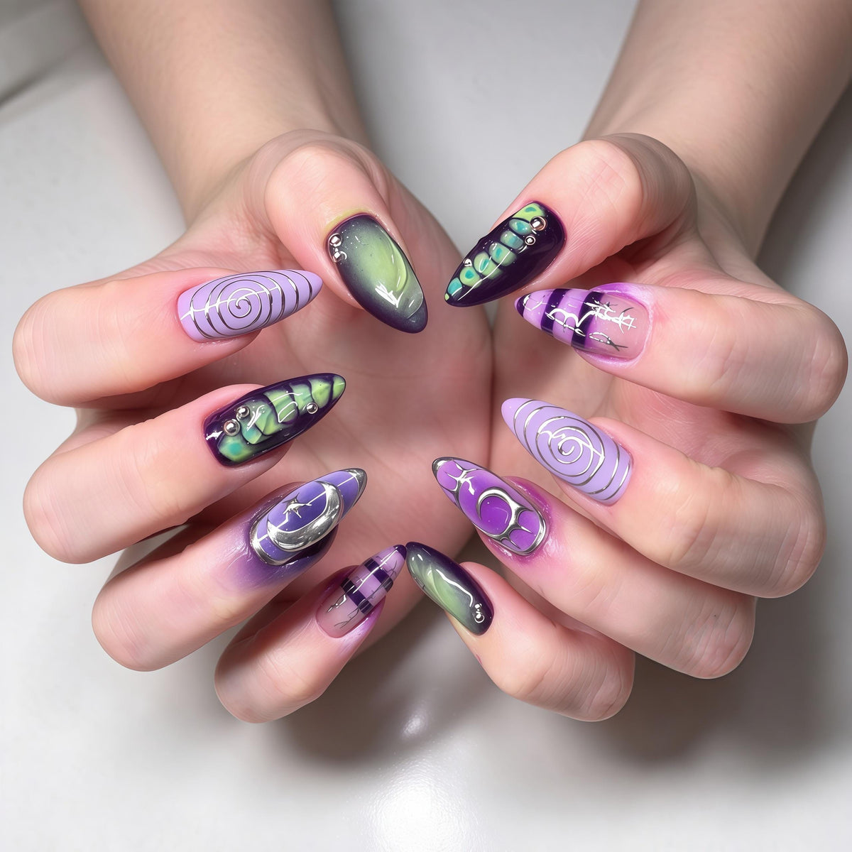 Purple and Green Swirl Press-On Nails With Raised Details