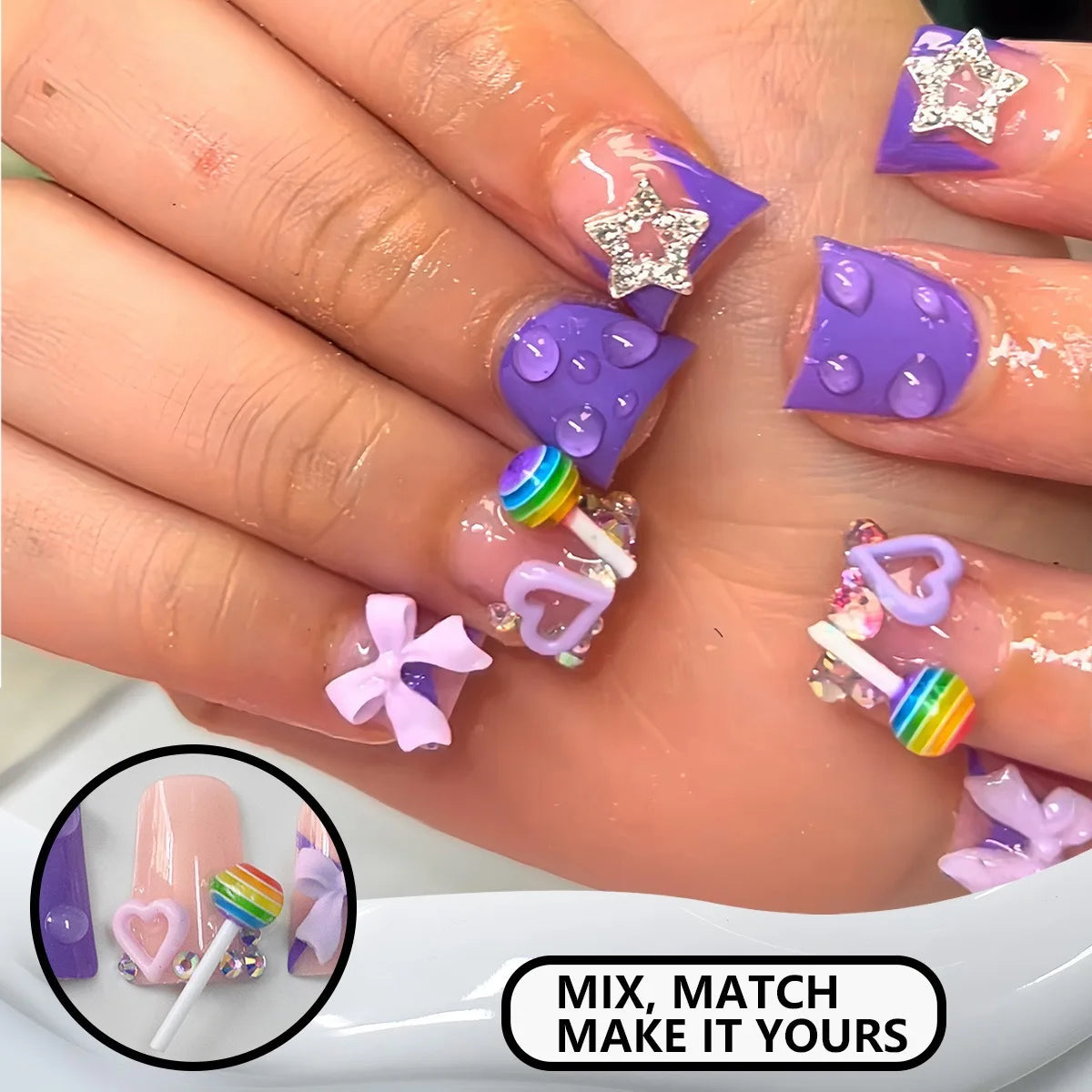 Purple and Lavender Candy Bow Nails With Rhinestone Star Charms