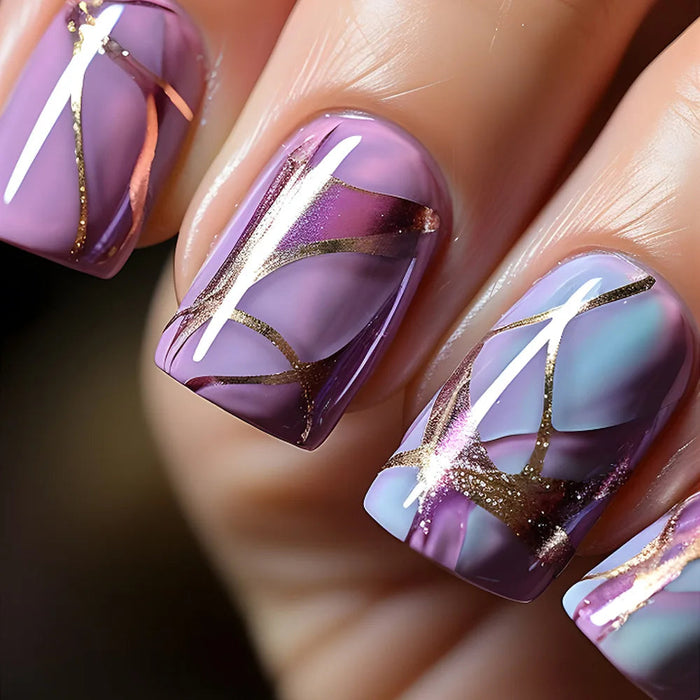 Purple and Lavender Marble Fall Press On Nails with Gold Geometric Glitter Lines