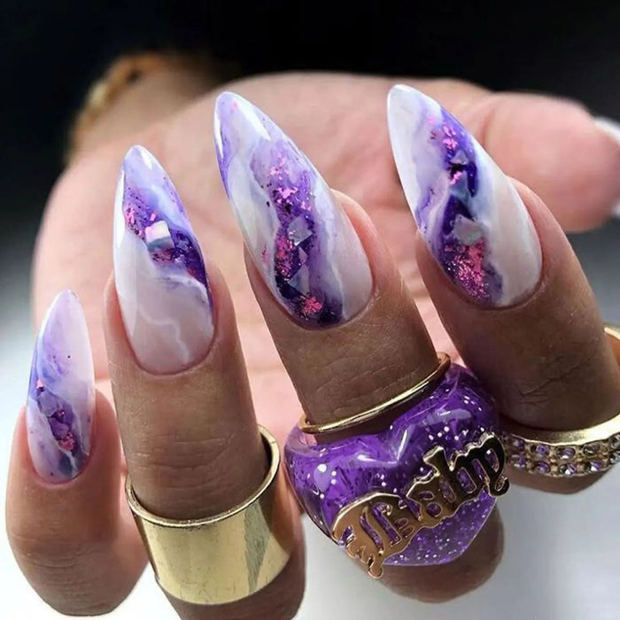 Purple and Lavender Marble Press On Nails with Gold Accents