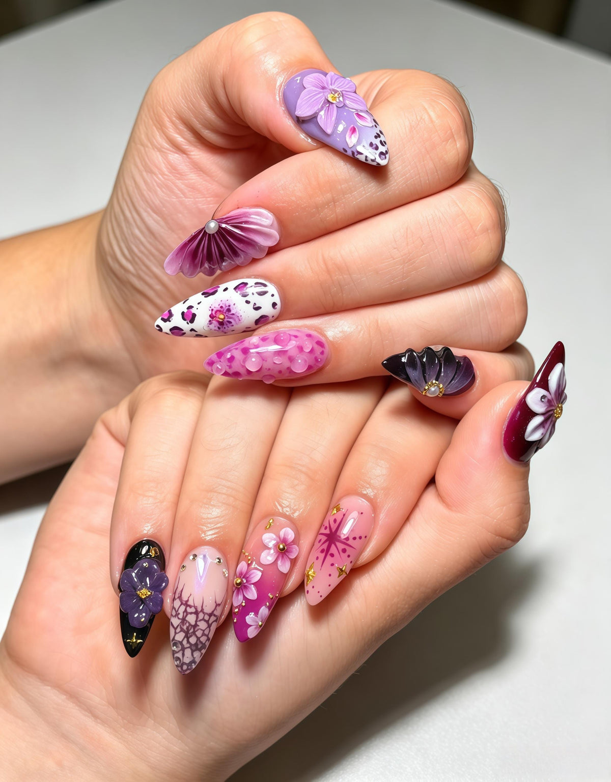 Purple and Pink 3D Flower Nails with Leopard Print and Shell Details