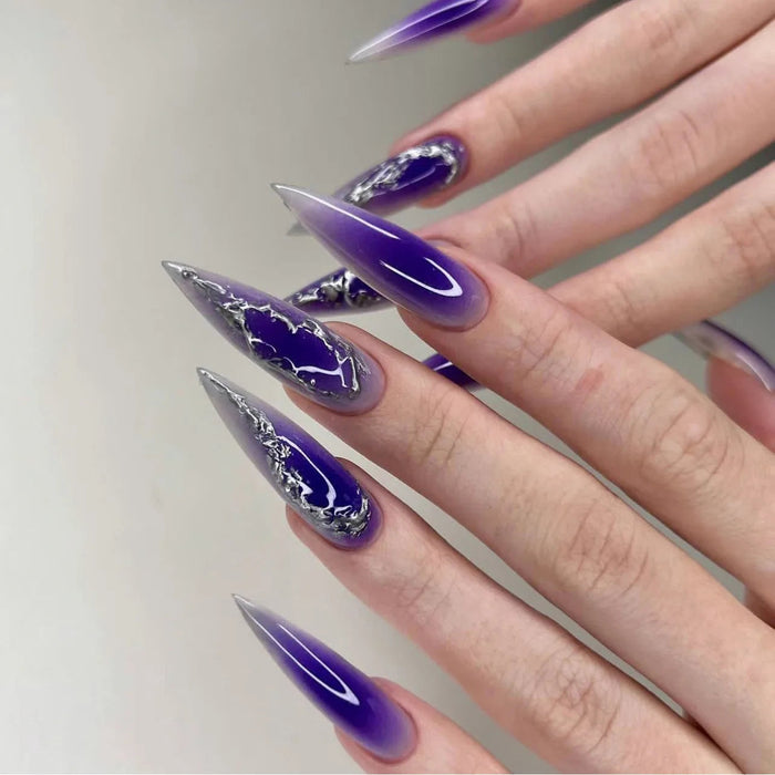 Purple Aura Gradient Press On Nails with Silver Marbling and Glossy Finish