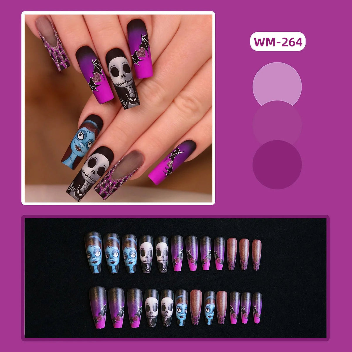 Purple, Blue and Black Skull Halloween Press On Nails with Spiderwebs