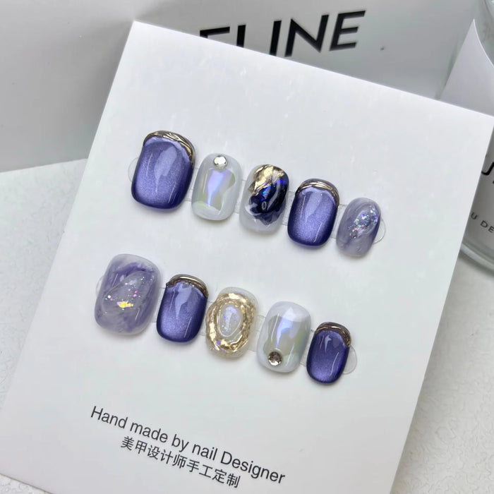 Purple Cat Eye Press-On Nails With Iridescent Marble and Gold Details
