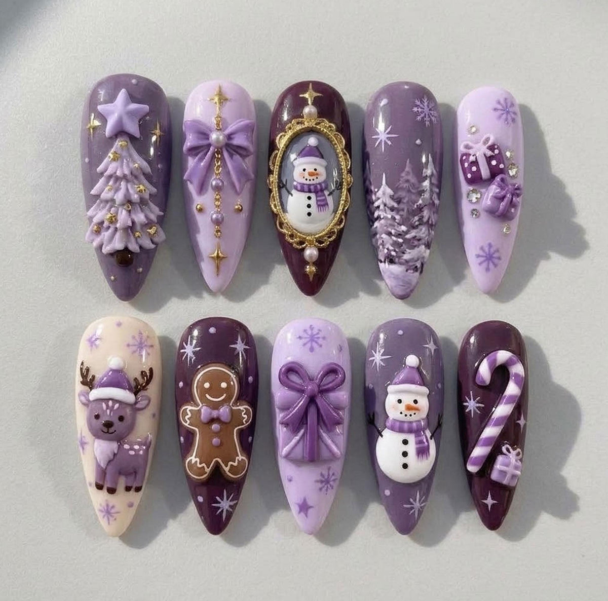 Purple Christmas Press On Nails With 3D Snowmen, Reindeer, Trees and Bows
