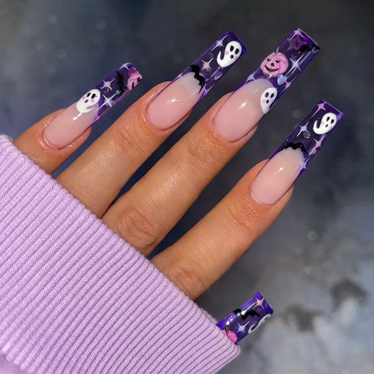 Purple Ghost and Pumpkin French Tip Halloween Nail Set