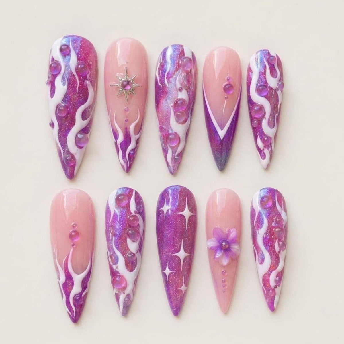 Purple Glitter Cyber Flame Nails With 3D Droplets, Flower and Star Charm