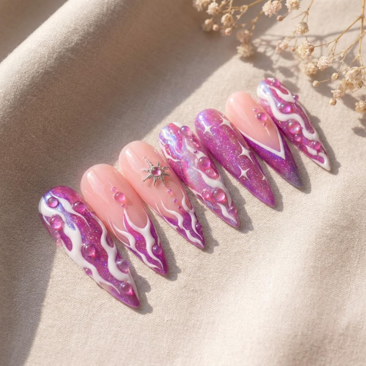 Purple Glitter Cyber Flame Nails With 3D Droplets, Flower and Star Charm