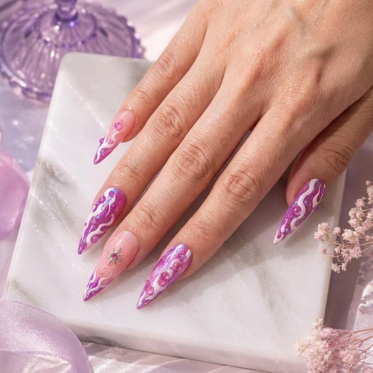 Purple Glitter Cyber Flame Nails With 3D Droplets, Flower and Star Charm