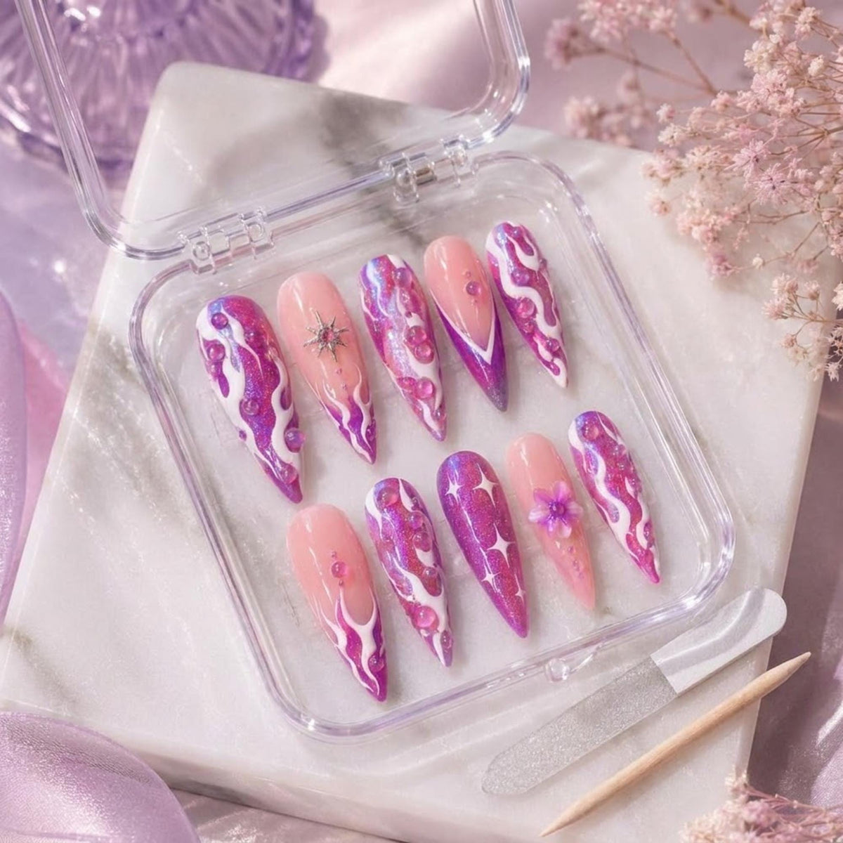 Purple Glitter Cyber Flame Nails With 3D Droplets, Flower and Star Charm