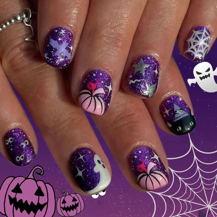 Purple Glitter Halloween Press On Nails With Ghosts, Pumpkins and Spiderwebs