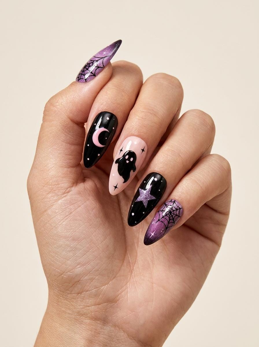 Purple Glitter Spiderweb Ghost Halloween Press On Nails