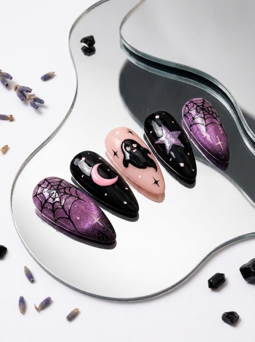 Purple Glitter Spiderweb Ghost Halloween Press On Nails
