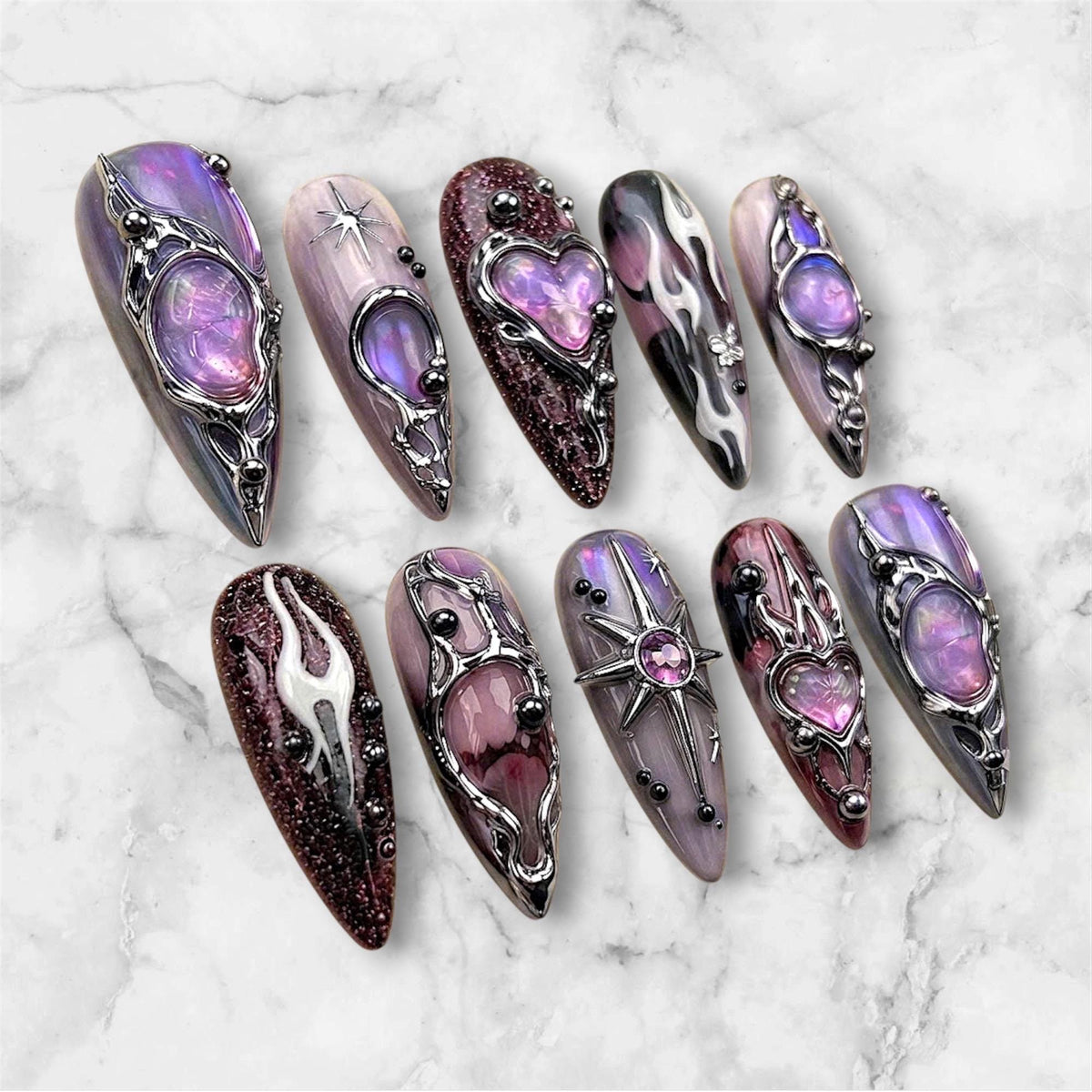 Purple Gothic Celestial Press On Nails with Heart Cabochons and Silver Filigree