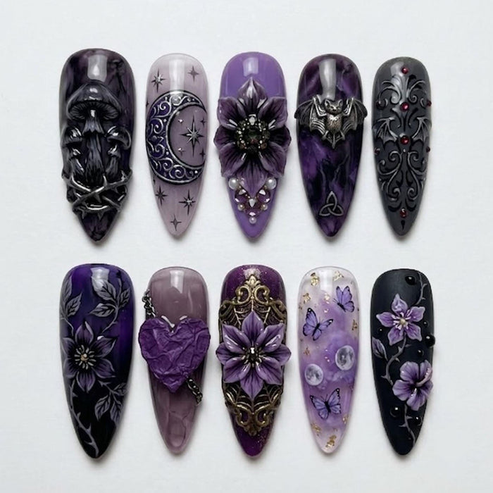 Purple Gothic Press On Nails with Sculpted Flowers, Moon, Stars and Rhinestone Accents