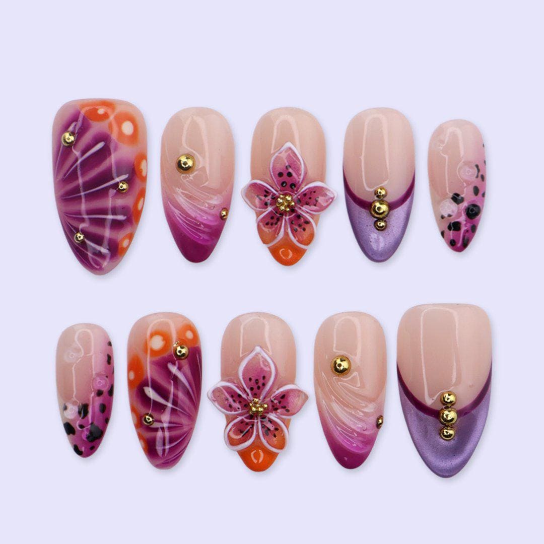 Purple, Magenta & Orange Aura Swirl Nails with 3D Flowers and Gold Studs