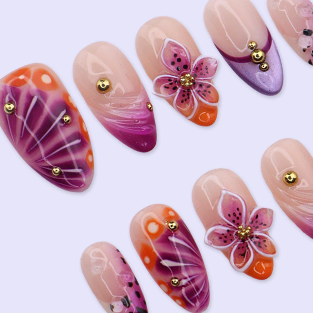 Purple, Magenta & Orange Aura Swirl Nails with 3D Flowers and Gold Studs